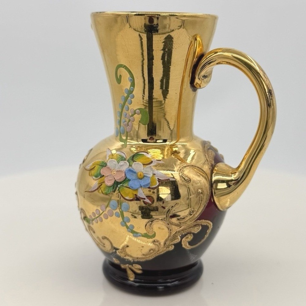 Vintage Murano Tre Fuochi Ruby Red Gold Miniature Pitcher Hand Painted 4" - Picture 8 of 11